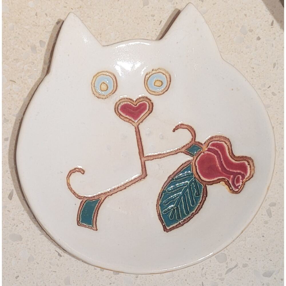 Whimsical Cat Face Heart Nose Rose Spoon Rest Ring Tinket Slab Work Dish Tray